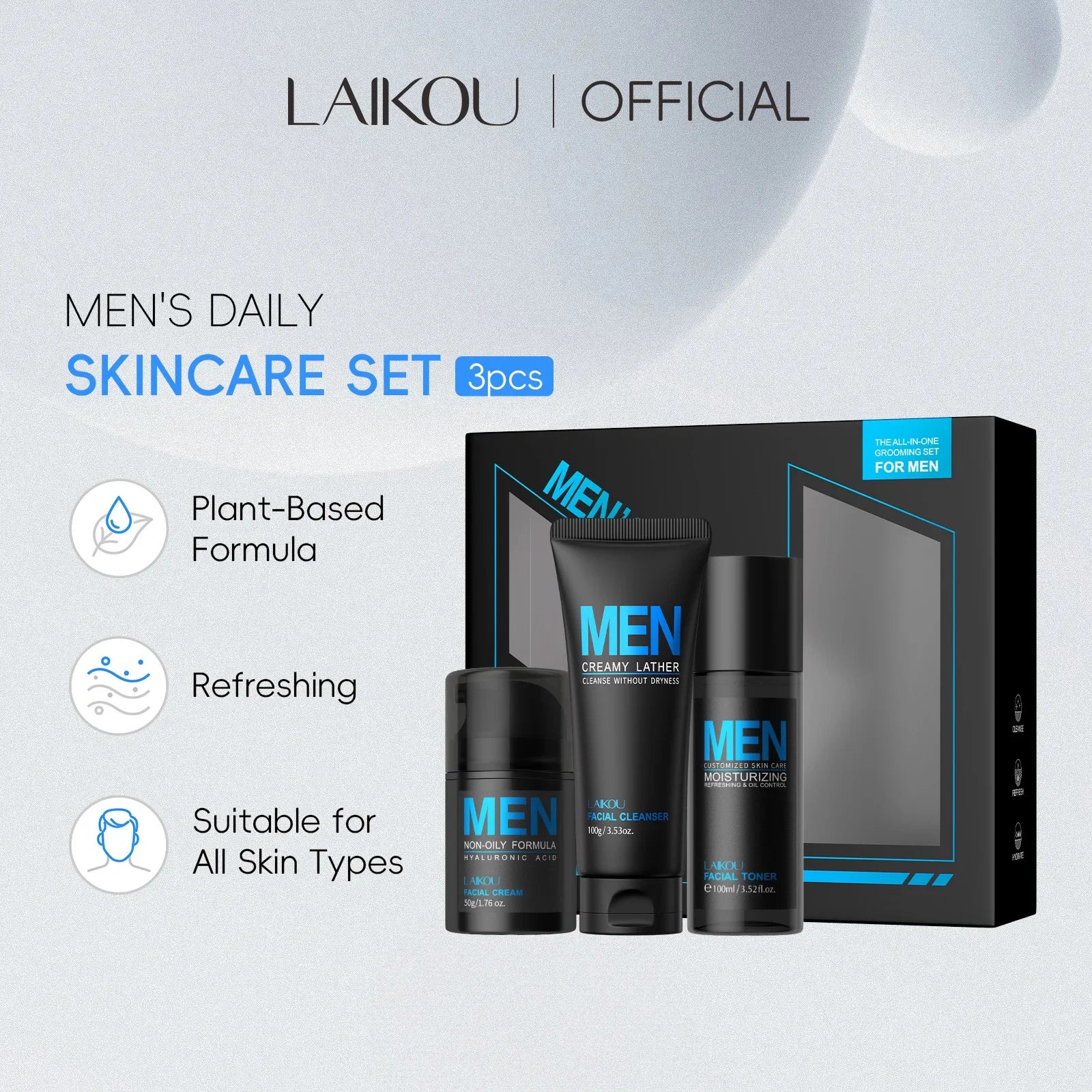 Mens 3 In 1 Grooming Set Cleanser Toner Cream Moisturizing Refreshing Oil Control Daily Skincare Combo For Face Care