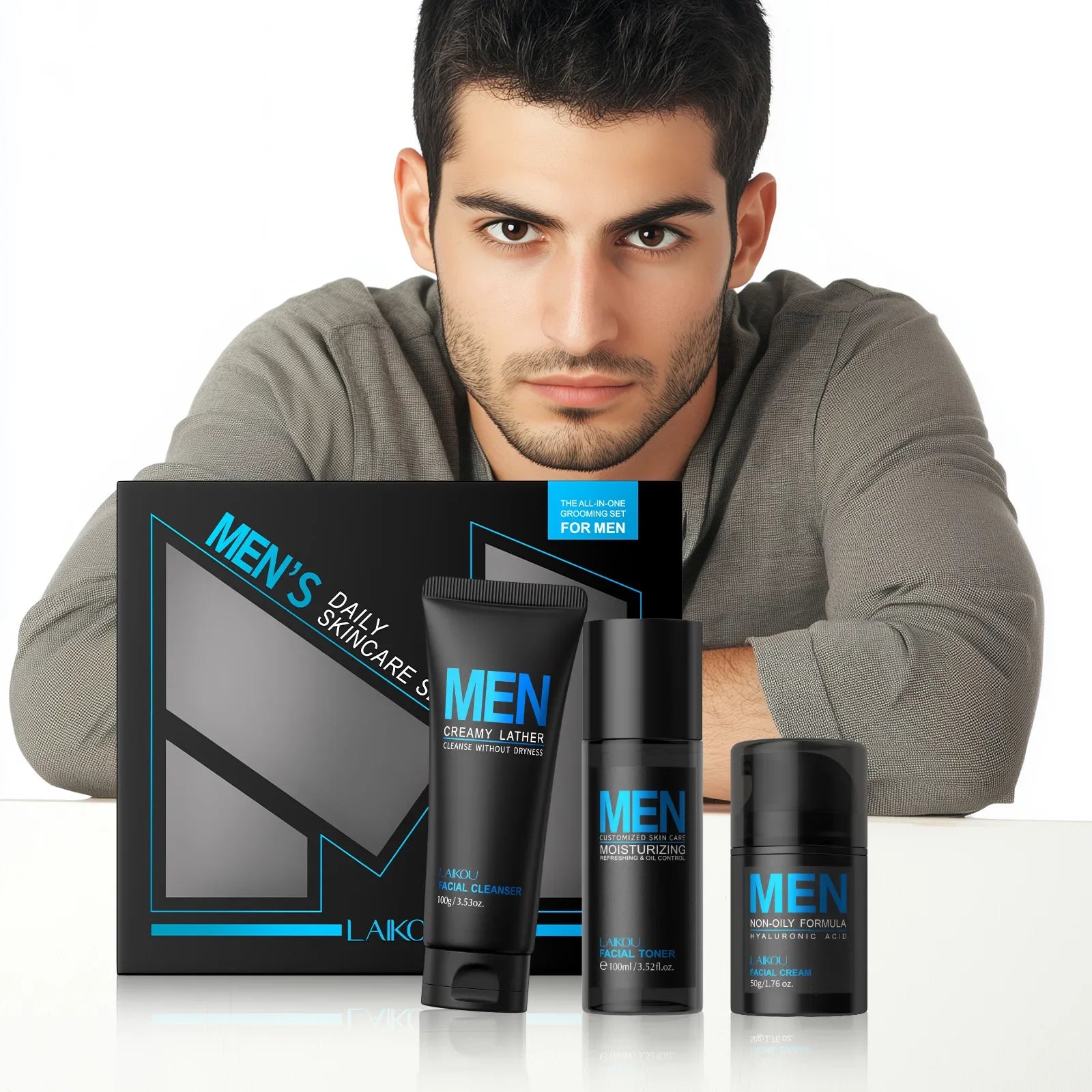 Mens 3 In 1 Grooming Set Cleanser Toner Cream Moisturizing Refreshing Oil Control Daily Skincare Combo For Face Care