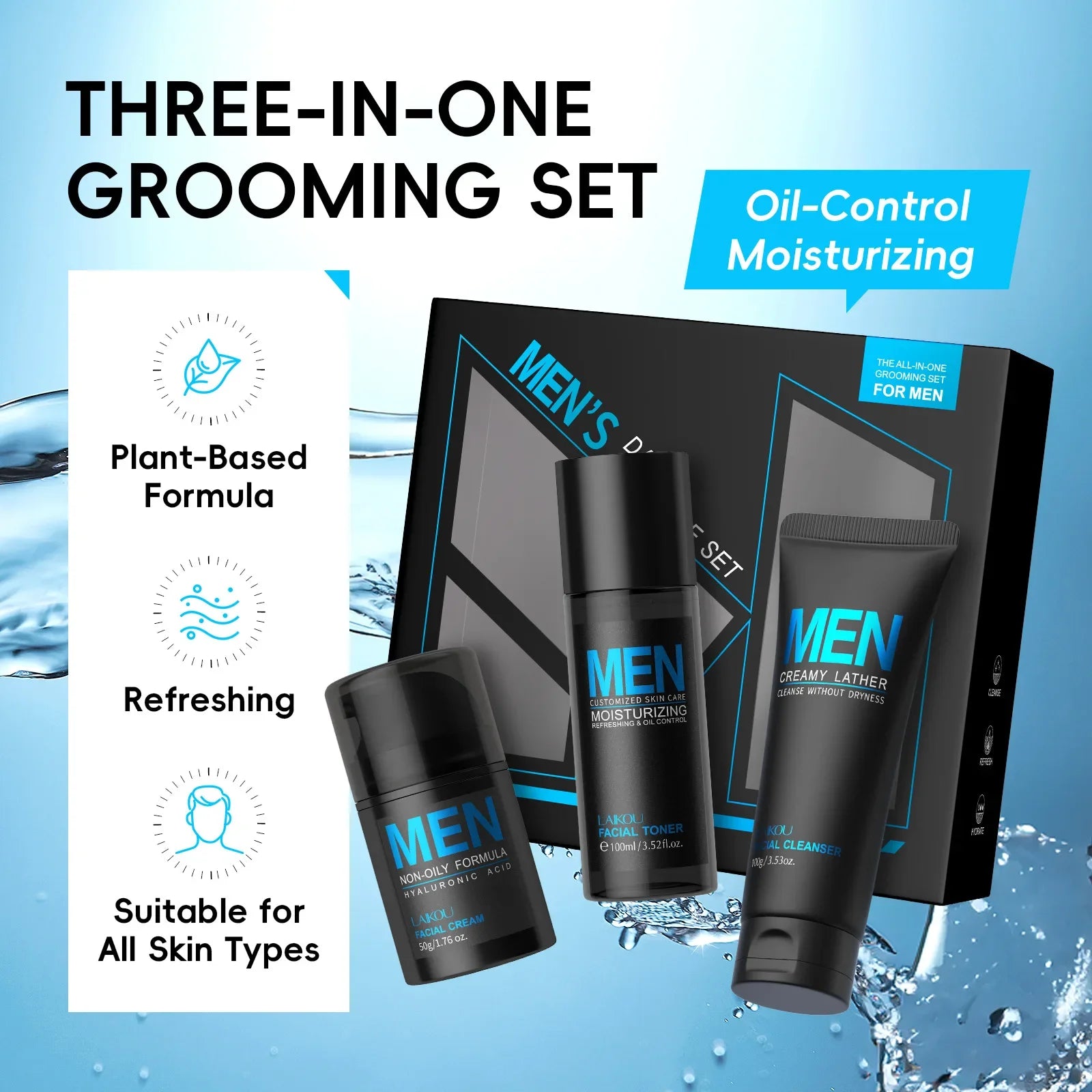 Mens 3 In 1 Grooming Set Cleanser Toner Cream Moisturizing Refreshing Oil Control Daily Skincare Combo For Face Care
