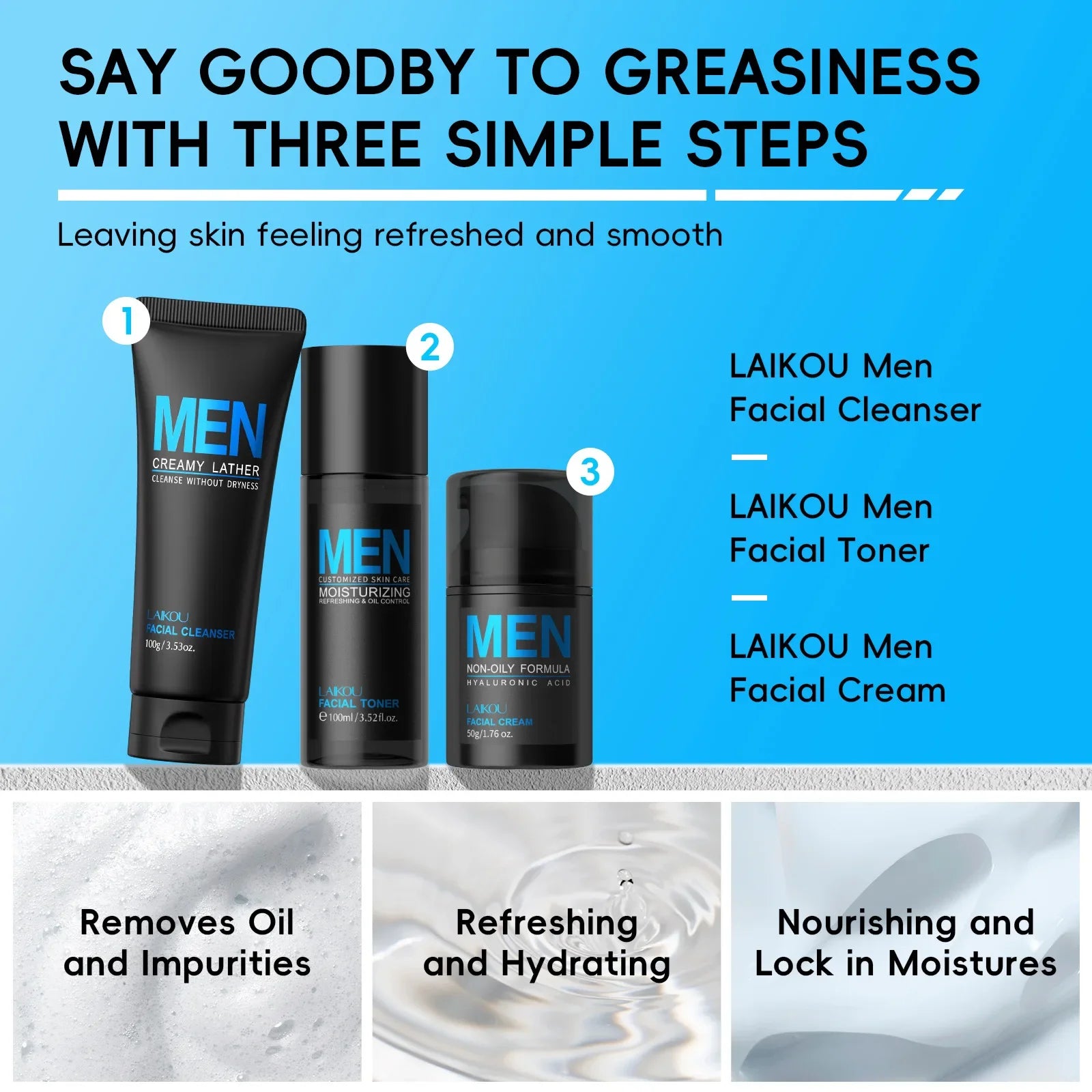 Mens 3 In 1 Grooming Set Cleanser Toner Cream Moisturizing Refreshing Oil Control Daily Skincare Combo For Face Care